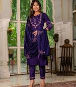 Purple silk blend embroidered kurta sets