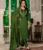 Dark green silk blend embroidered kurta sets