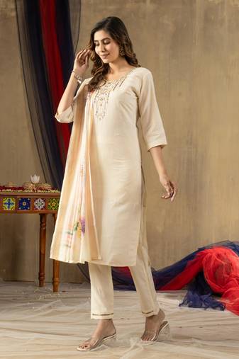 Beige silk blend embroidered kurta sets
