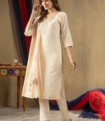 Beige silk blend embroidered kurta sets