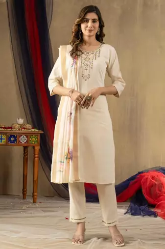 Beige silk blend embroidered kurta sets