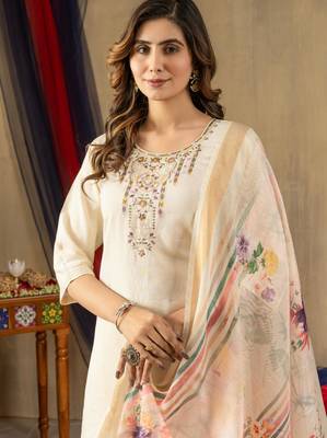 Beige silk blend embroidered kurta sets 3