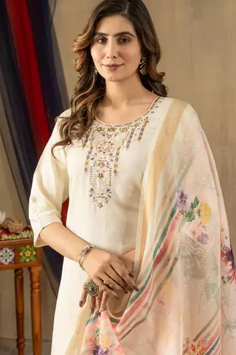 Beige silk blend embroidered kurta sets