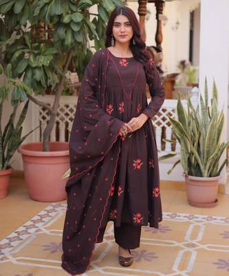 Plum cotton blend embroidered kurta sets 1