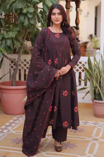 Plum cotton blend embroidered kurta sets