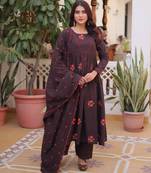 Plum cotton blend embroidered kurta sets