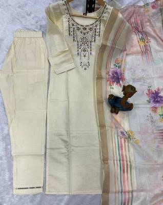 Beige silk blend embroidered kurta sets 4