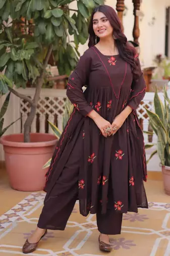 Plum cotton blend embroidered kurta sets