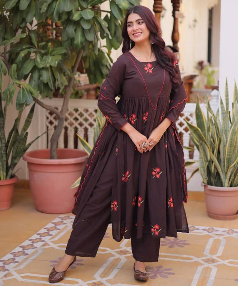 Plum cotton blend embroidered kurta sets