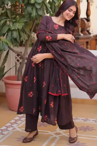 Plum cotton blend embroidered kurta sets