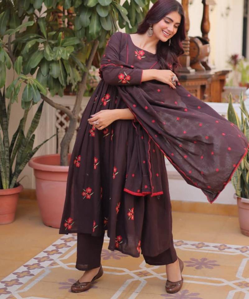 Plum cotton blend embroidered kurta sets