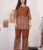 Brown cotton blend embroidered kurta sets