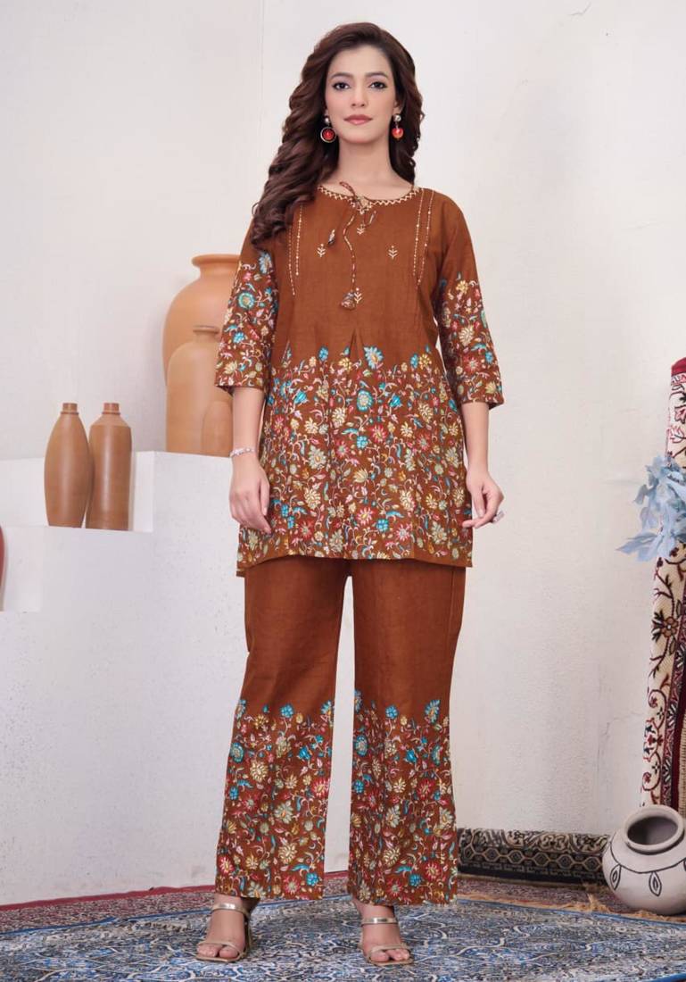 Brown cotton blend embroidered kurta sets