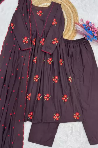 Plum cotton blend embroidered kurta sets