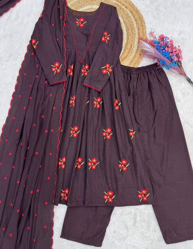 Plum cotton blend embroidered kurta sets