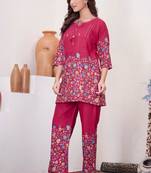 Hot pink cotton blend embroidered kurta sets