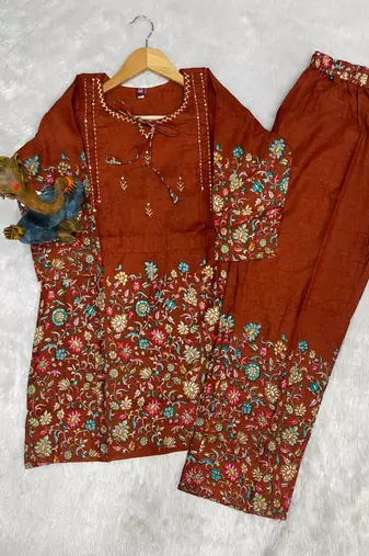 Brown cotton blend embroidered kurta sets