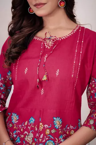 Hot pink cotton blend embroidered kurta sets