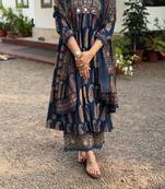 Navy blue cotton blend printed kurta sets