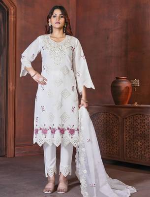 White viscose embroidered kurta sets 1