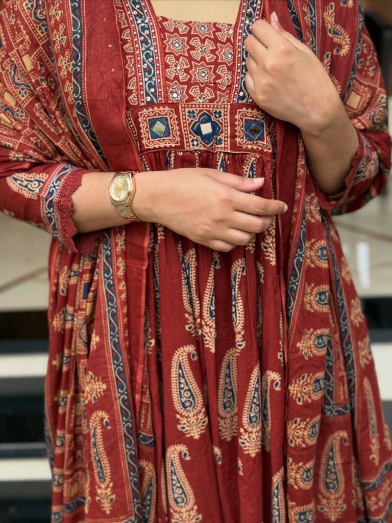 Brown cotton blend printed kurta sets