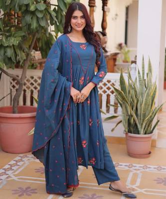 Teal blue cotton blend embroidered kurta sets 1