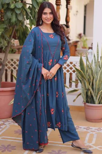 Teal blue cotton blend embroidered kurta sets