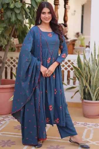Teal blue cotton blend embroidered kurta sets