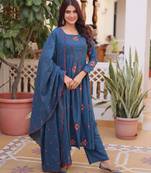 Teal blue cotton blend embroidered kurta sets