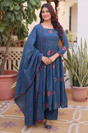 Teal blue cotton blend embroidered kurta sets