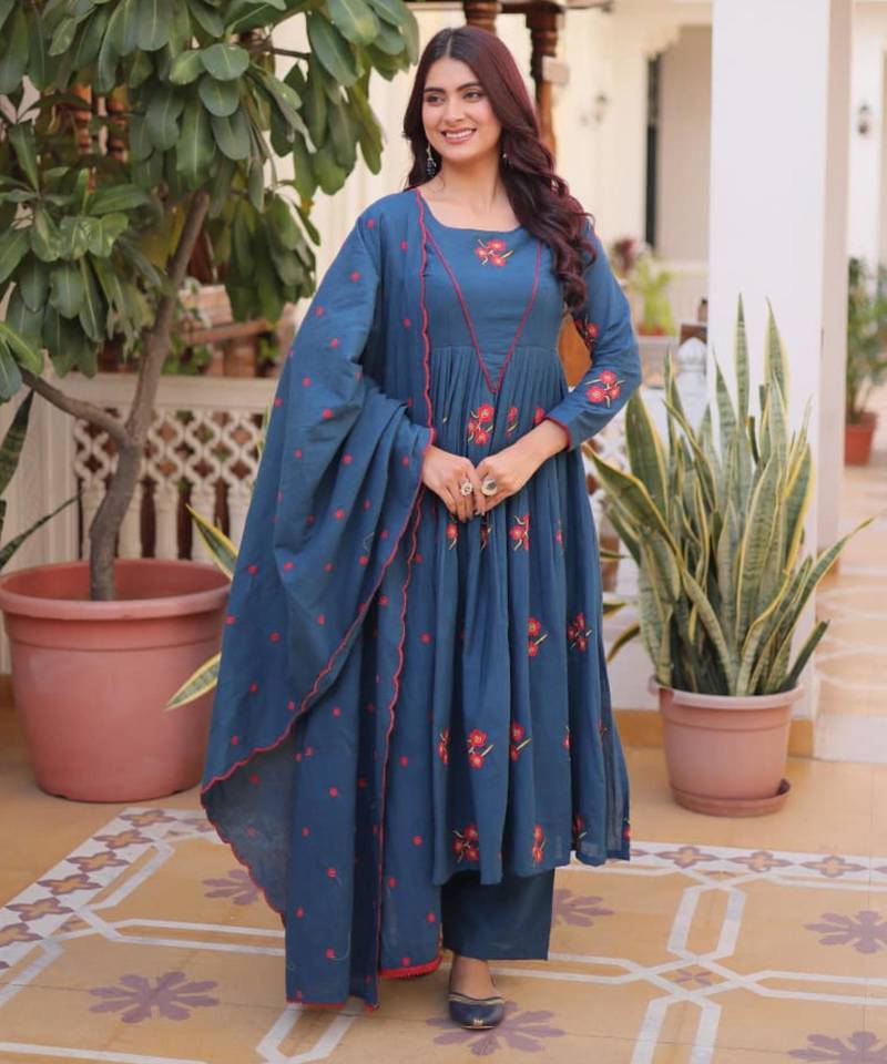 Teal blue cotton blend embroidered kurta sets