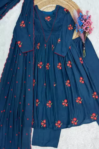 Teal blue cotton blend embroidered kurta sets