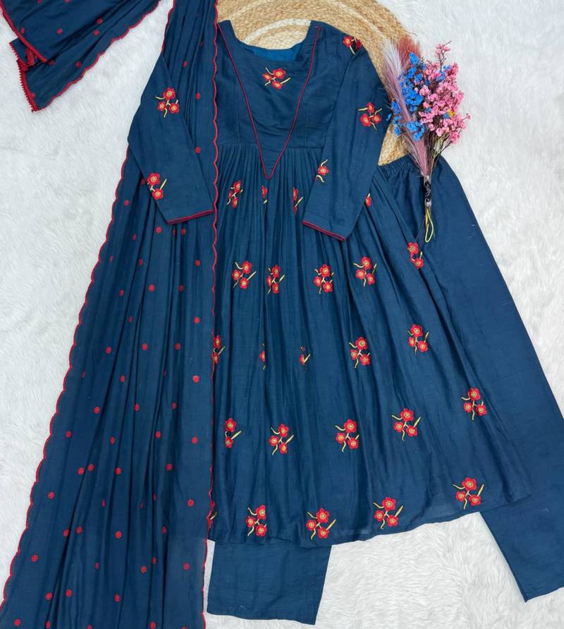 Teal blue cotton blend embroidered kurta sets