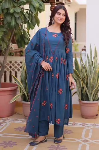 Teal blue cotton blend embroidered kurta sets