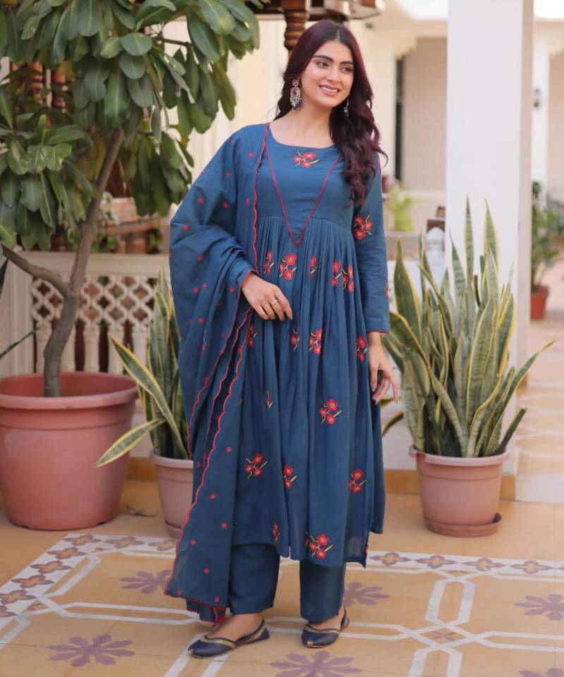 Teal blue cotton blend embroidered kurta sets
