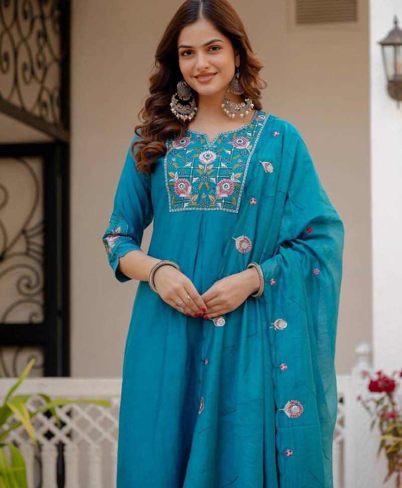 Blue silk blend embroidered kurta sets