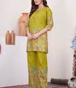 Lime green cotton blend embroidered kurta sets