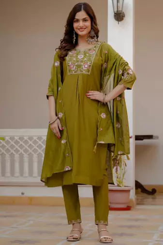 Olive silk blend embroidered kurta sets