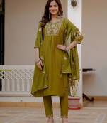 Olive silk blend embroidered kurta sets