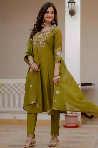 Olive silk blend embroidered kurta sets