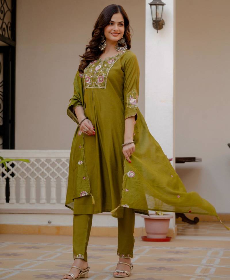 Olive silk blend embroidered kurta sets