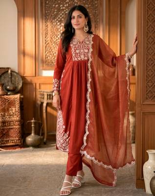 Rust cotton blend embroidered kurta sets 1
