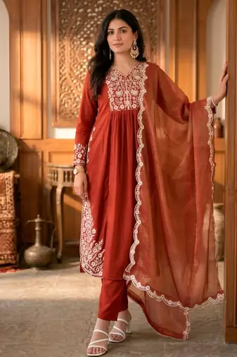 Rust cotton blend embroidered kurta sets