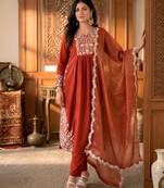 Rust cotton blend embroidered kurta sets