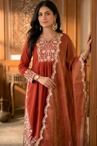 Rust cotton blend embroidered kurta sets