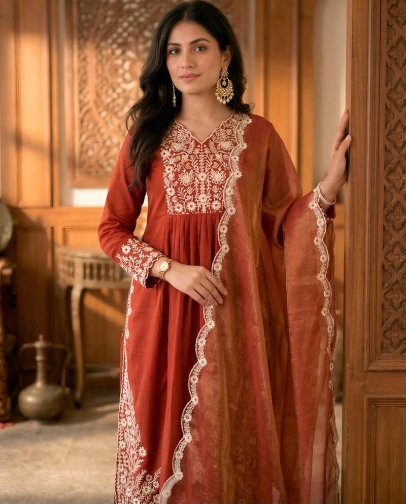 Rust cotton blend embroidered kurta sets