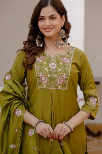 Olive silk blend embroidered kurta sets
