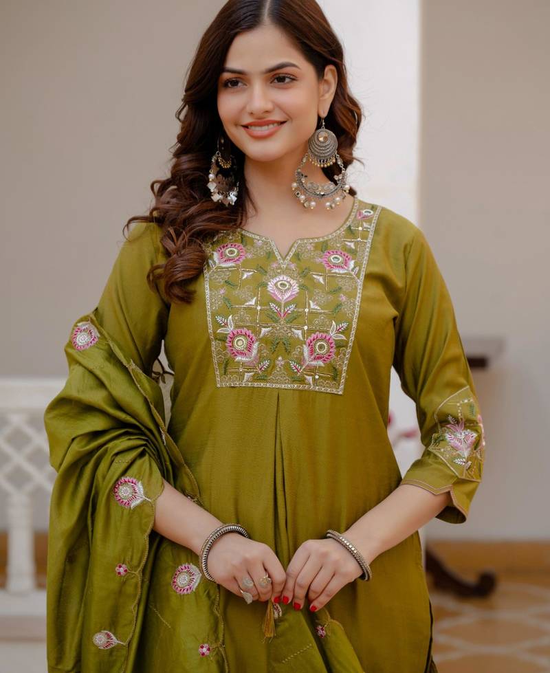 Olive silk blend embroidered kurta sets