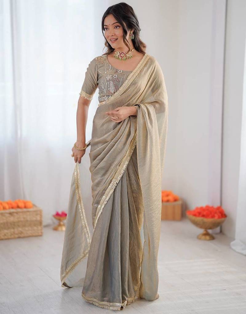 beige silk blend saree with blouse