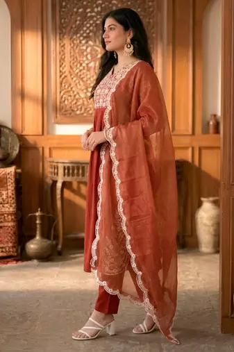 Rust cotton blend embroidered kurta sets